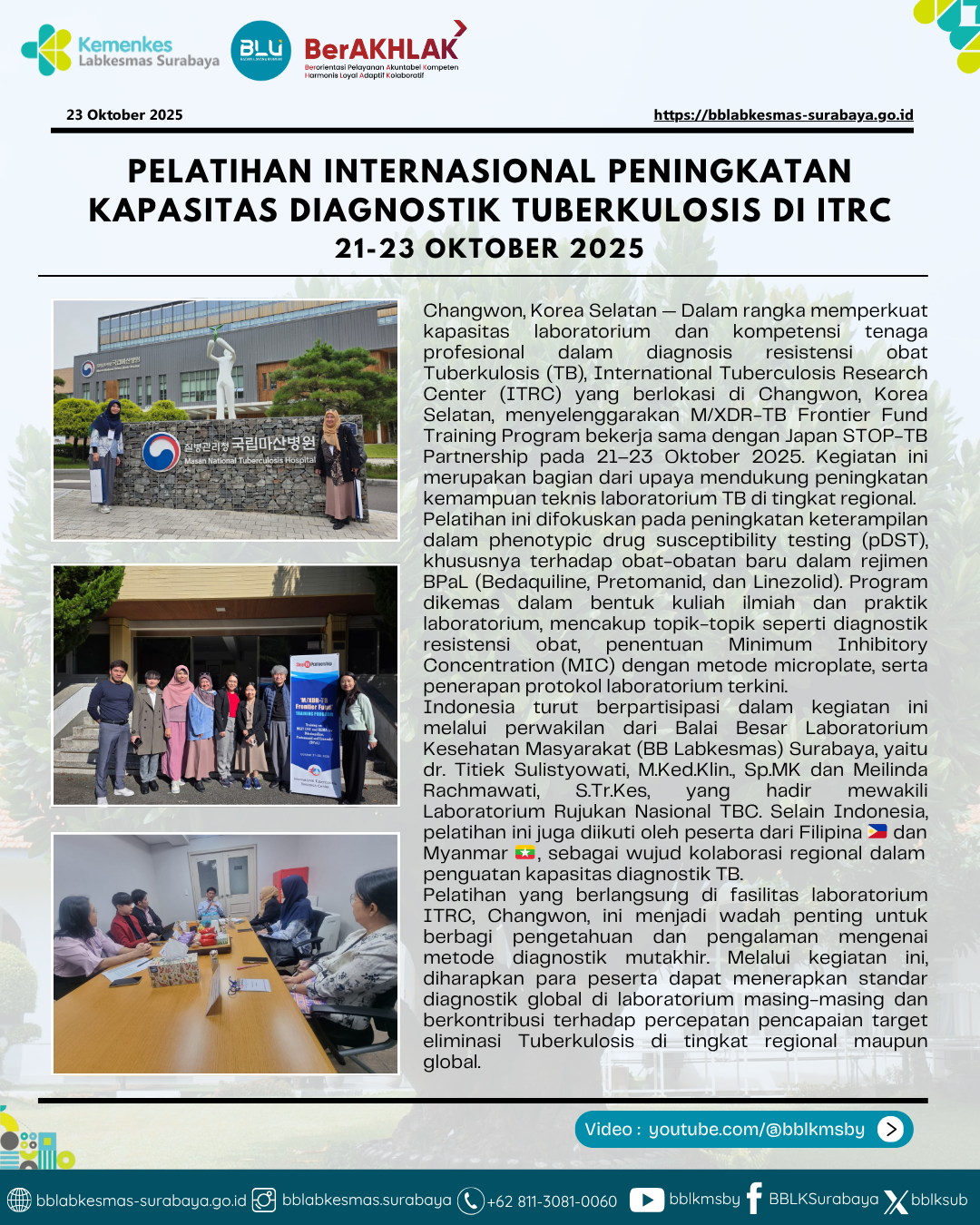 Pelatihan Internasional Peningkatan Kapasitas Diagnostik Tuberkulosis di ITRC, Korea Selatan